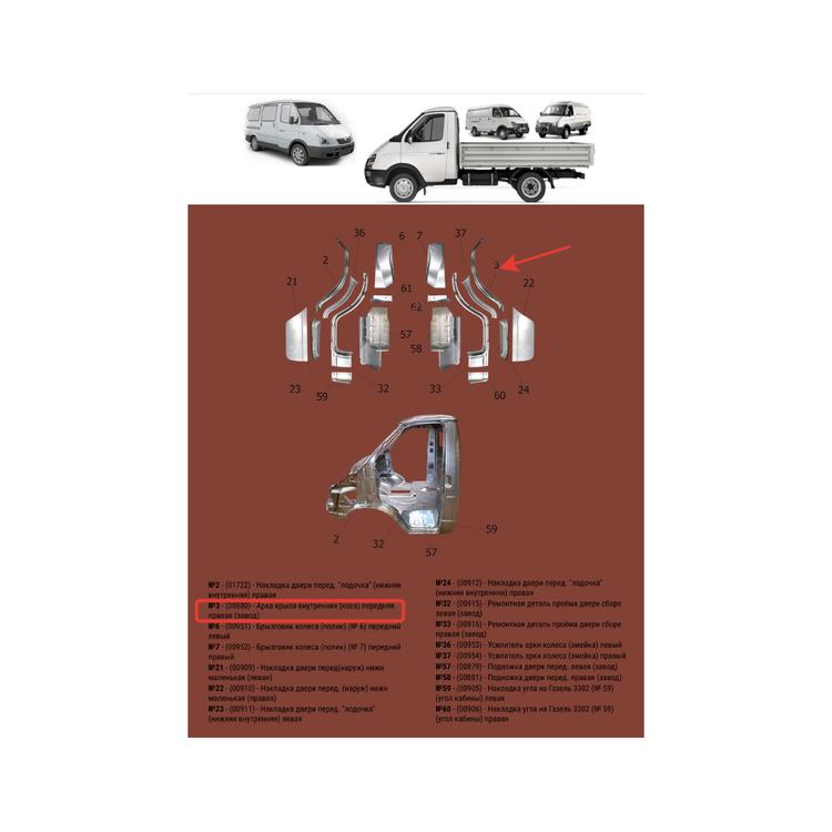 Ремонтная деталь (№3) Арка колеса (коса) на Газель 3302 (внутренняя) передняя, правая (Оригинал)